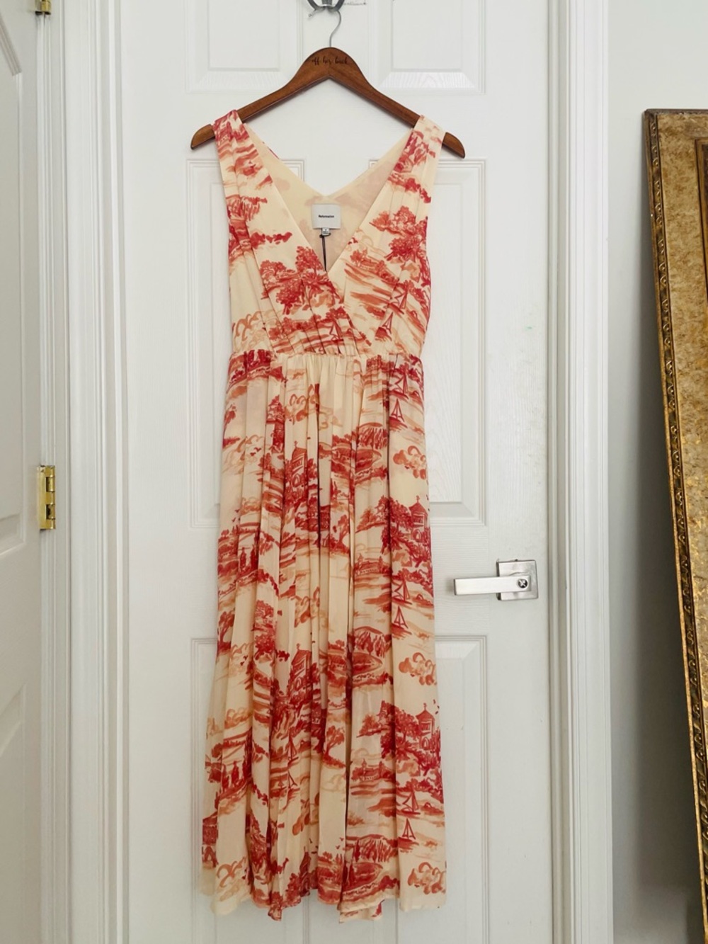 Reformation Farah Sleeveless Cream Midi Dress with Red Scenic Print